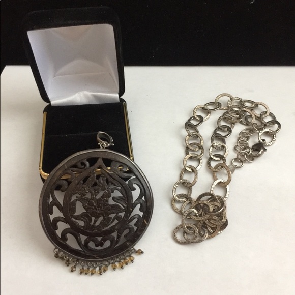 Art Nouveau Sterling Wood/ Crystal Enhancer/Chain